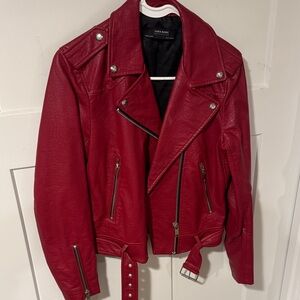 ZARA Red Leather Biker Jacket Medium